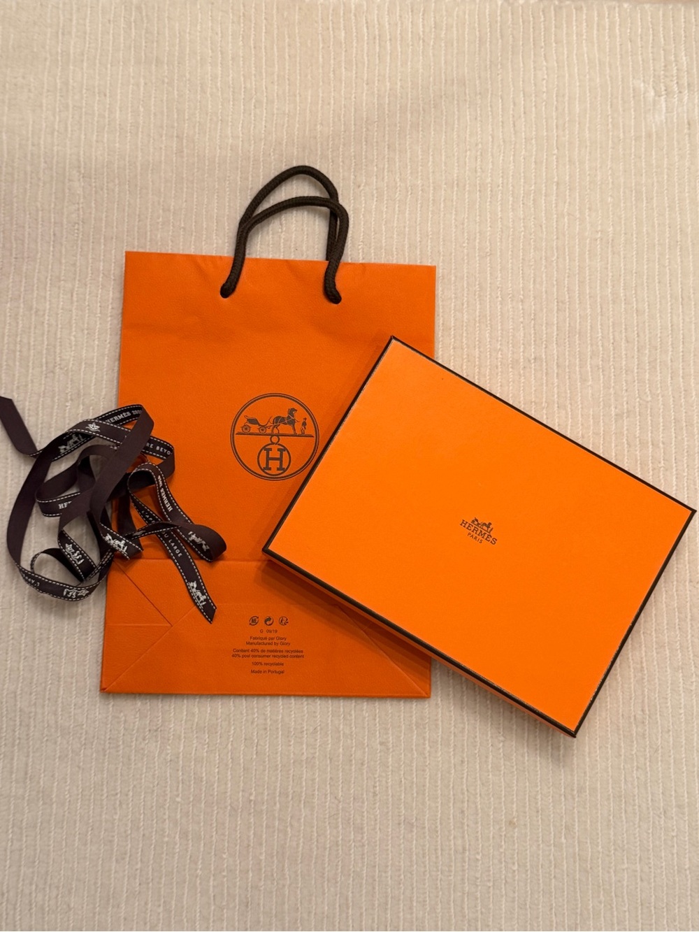 Authentic Hermes Gift Box, Ribbon Shopping Bag Set Small Leather Goods